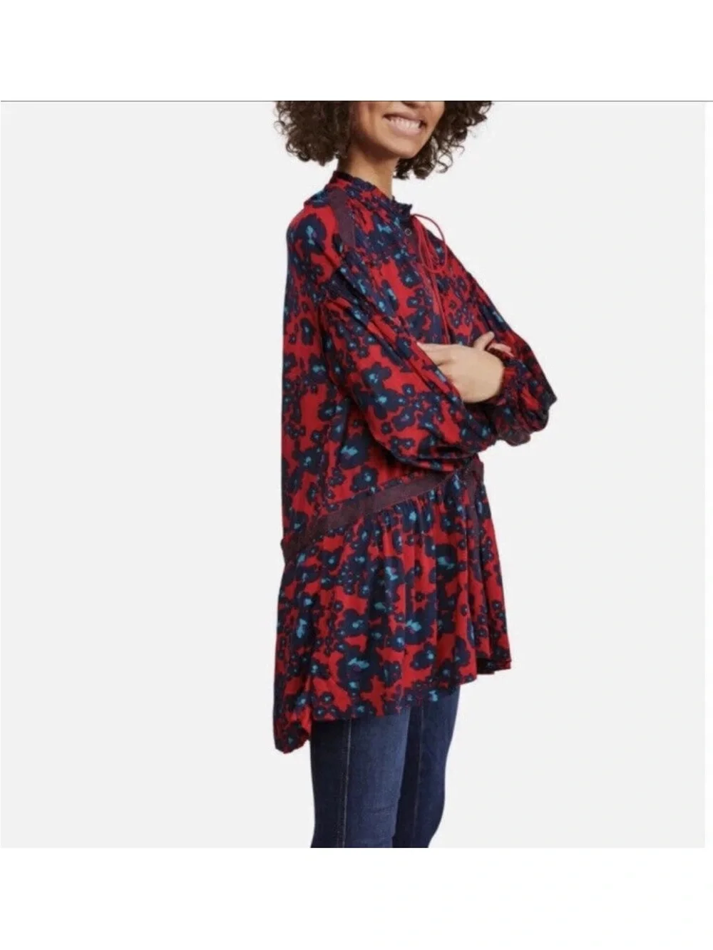 Free People Love Letter Tunic Top Mini Dress Merlot Combo Floral Red Blue